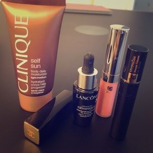 Clinique bronzer, Chanel lipstick, Lancôme lip